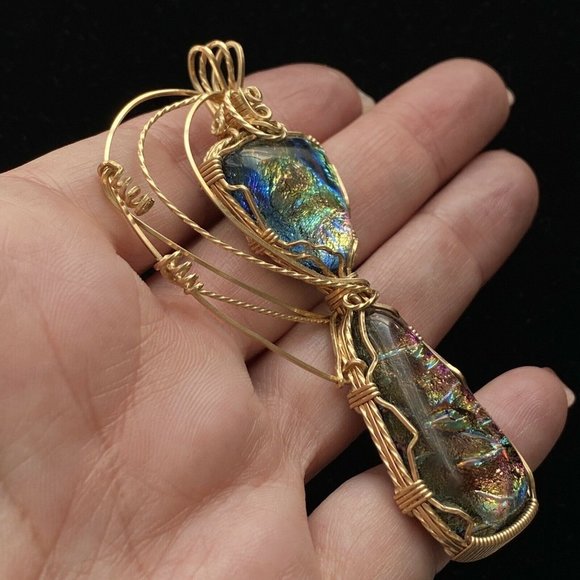 Wrapped Dichroic Glass Cabochons Pendant Purple Blue Green Gold Filled Wire 3” - Picture 5 of 10